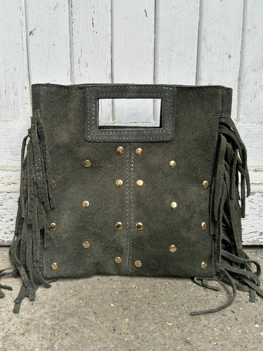 Sac Marion en cuir suédine clouté - kaki