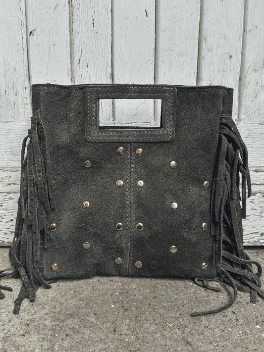 Sac Marion en cuir suédine clouté - kaki