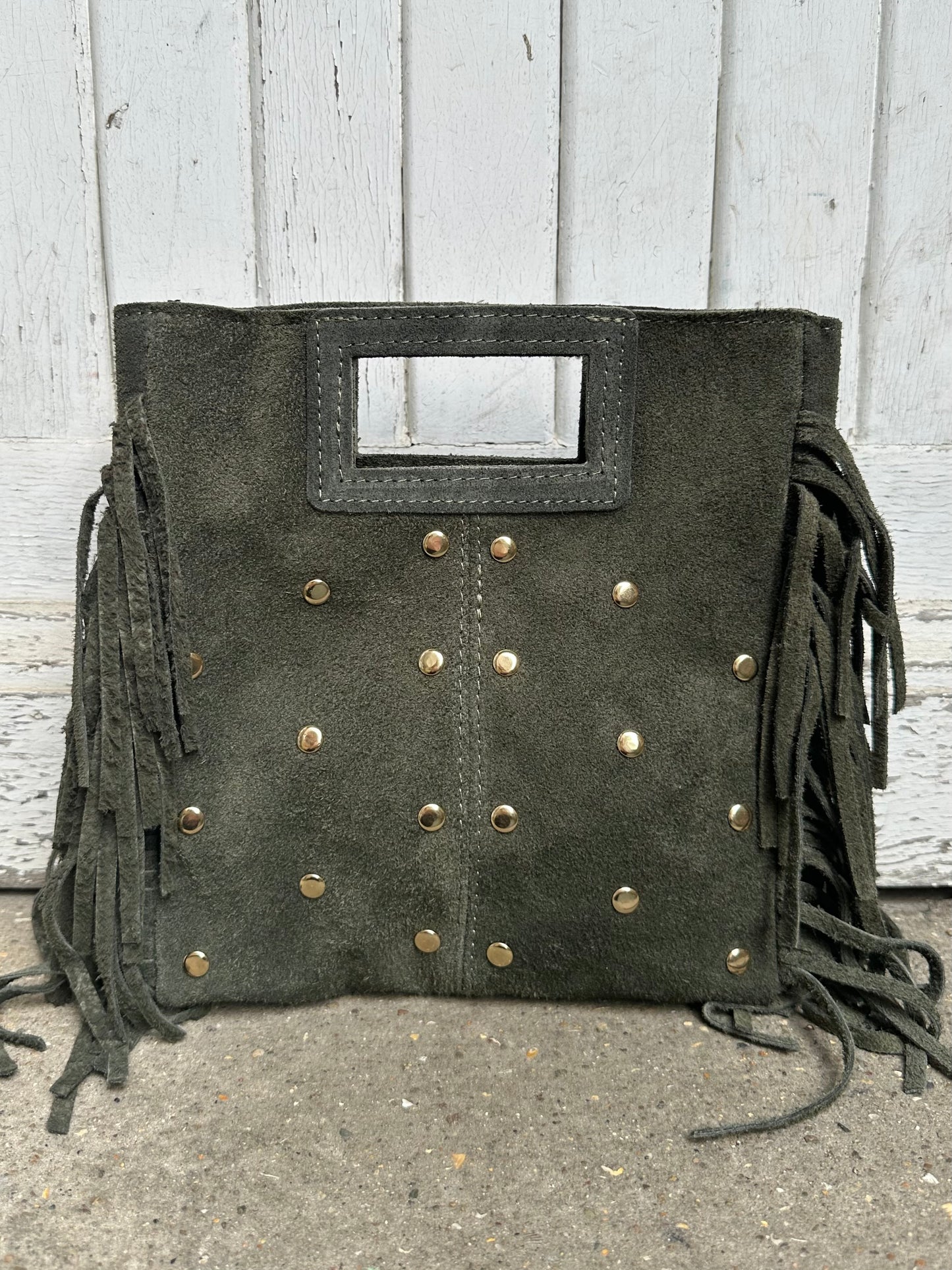 Sac Marion en cuir suédine clouté - kaki