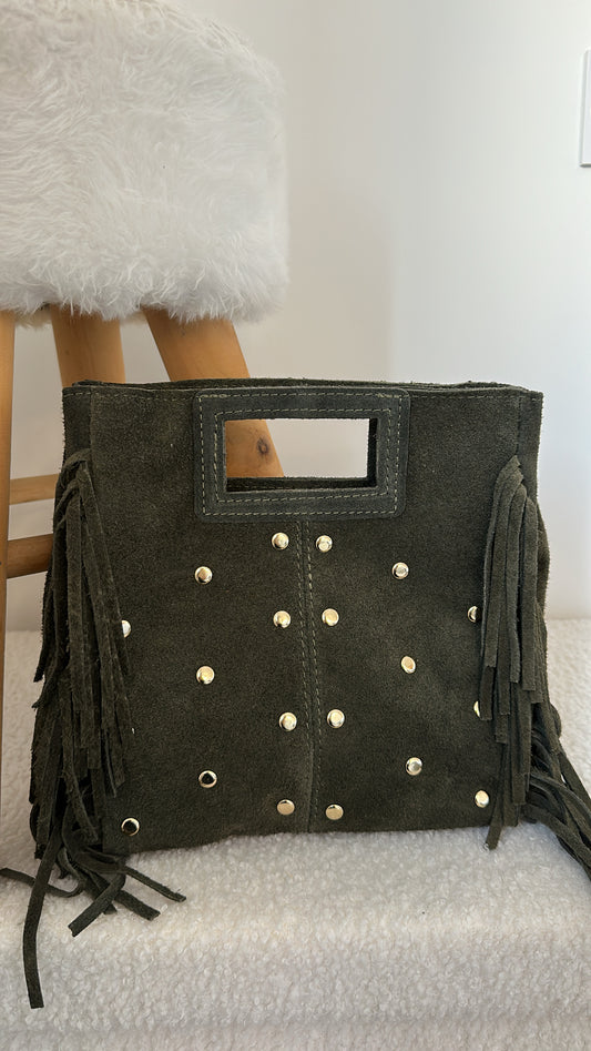 Sac Marion en cuir suédine clouté - kaki